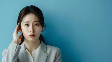 Exhausted Asian Businesswoman in Trendy Outfit Against Blue Studio Background photo