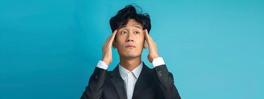Exhausted Asian Corporate Executive Feeling Stressed in Modern Neo Pop Styled Portrait photo