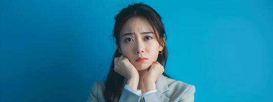 Exhausted Hallyu Businesswoman in Neo Pop Style on Blue Background photo
