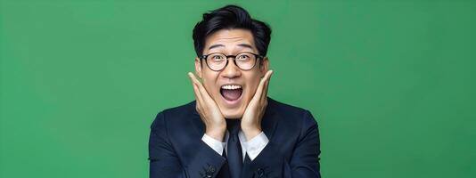Excited Asian Businessman Flashing Happy Expressions Against Green Background in Neo Pop Sensibility photo