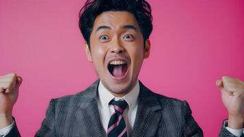 Exhilarated Asian Businessman in Neo Pop Style Portrait on Pink Background photo