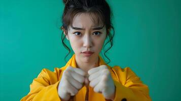 Fierce and Determined Asian Woman in Powerful Fighting Pose Against Vibrant Green Background photo