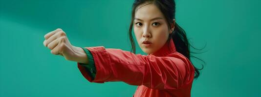 Fierce and Confident Hallyu Woman Showcasing Fighting Pose in Modern Costume Against Green Background photo