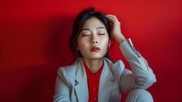 Heartbroken Hallyu Businesswoman s Neo Pop Sensibility Portrait on Red Background photo