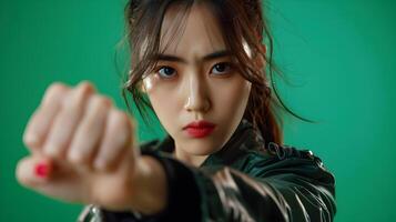 Fierce and Empowered Hallyu Woman in Fighting Pose with Modern Neo Pop Costume photo