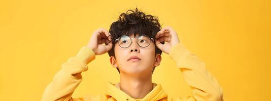 Focused Asian Student Studying with Modern Neo Pop Style Portrait photo