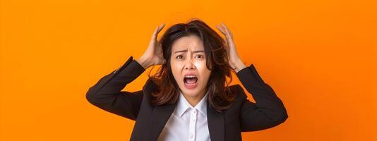 Intense Portrait of Hallyu Korean Businesswoman Feeling Crazy on Vibrant Orange Background photo