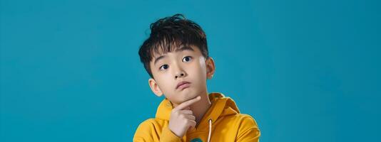 Hallyu Boy Ponders in Neo Pop Style Commercial Portrait with Question Mark photo