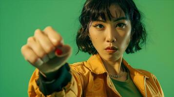 Fierce Hallyu Woman in Fist Pump Fighting Pose with Modern Neo Pop Costume on Green Background photo