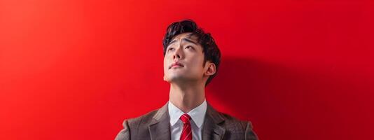 Heartbroken Asian Businessman in Modern Neopop Style Portrait on Red Background photo
