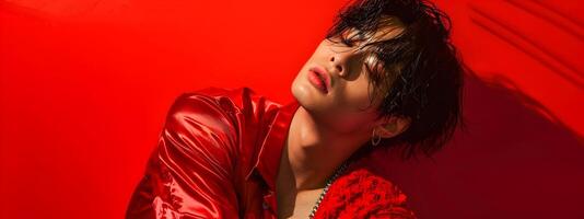 Heartbroken Asian Hallyu Boy in Neo Pop Styled Portrait on Red Background photo