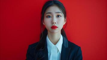 Heartbroken Asian Hallyu Businesswoman in Modern Corporate Costume on Red Studio Set photo