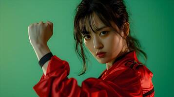 Hallyu Woman in Fierce Fist Pump Fighting Pose with Modern Costume and Neo Pop Sensibility photo