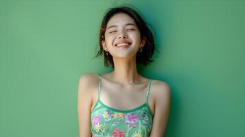 Happy Asian Woman Wearing Casual Sundress on Green Background with Neo Pop Aesthetic photo