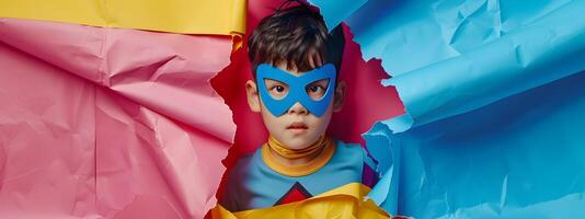 Imaginative Korean Youth Superhero Bursting Through Colorful Paper Wall photo