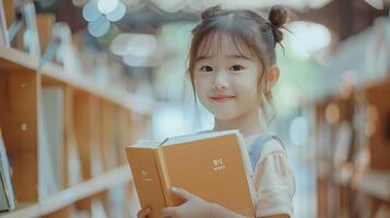 Joyful Asian Girl Holding Book in Colorful Library Corridor photo