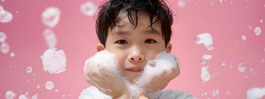 Bubbly Asian Boy Washing Face in Studio with Pink Background photo