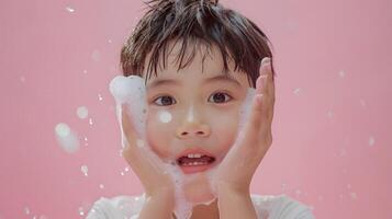Cute Asian Boy Washing Face in Lavabo with Pink Background for Commercial Advertising photo