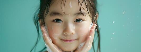 Cute Korean Girl Washing Face in Lavabo with Green Background for Advertising Photography photo