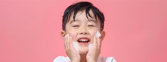 Delightful Young Asian Boy Joyfully Washing Face in Lavabo Colorful Neo Pop Advertising photo