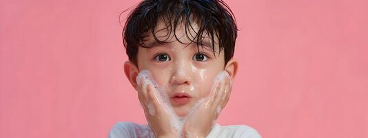 Cute Korean Boy Washing Face in Lavabo for Advertising Photography with Neo Pop Aesthetic photo