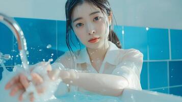Elegant Asian Woman Washing Hands in Lavabo with Neo Pop Advertising Aesthetic photo