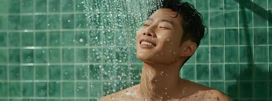 Handsome Korean Man Enjoying a Refreshing Shower in Advertising Photography With Neo Pop Sensibility photo