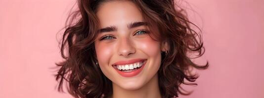 Radiant and Confident Woman with Natural Makeup on Pink Background photo