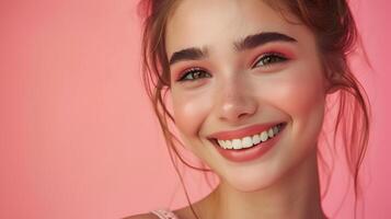 Radiant and Confident Woman in Stylish Makeup on Pink Background photo