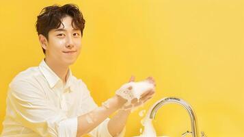 Smiling Korean Man Washing Hands in Lavabo with Yellow Background for Commercial Advertisement photo