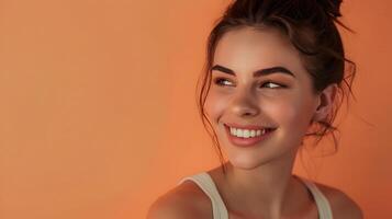 Smiling Young Woman with Flawless Glowing Skin in Chic Neo Pop Portrait photo