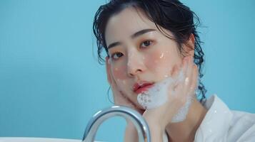Refreshing Facial Care Moment with Elegant Korean Woman in Minimalist Studio Setting photo