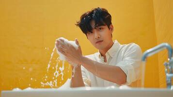 Young Asian Man Washing Hands in Simple Lavabo with Neo Pop Aesthetic photo