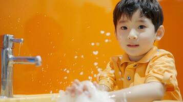 Adorable Asian Boy Washing Hands in Lavabo with Splashing Water on Orange Background photo