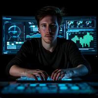 Determined Programmer Analyzing Data on Multiple Screens in Dark Modern Workspace photo
