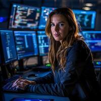 Female Tech Professional Analyzing Data and Coding on Multiple Monitors in Dark Office photo