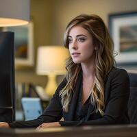 Focused Businesswoman Working at Office Desk with Computer photo