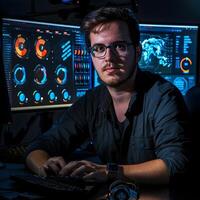 Focused Male Computer Engineer Analyzing Digital Data and Technology Trends in High Tech Workspace photo