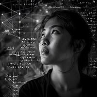 Thoughtful Asian Woman Looking Up at Futuristic Data Displays photo