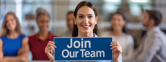 Confident Woman Holding Join Our Team Sign in Business Meeting photo