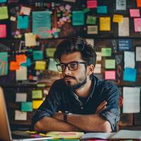 Focused Man Working at Desk Surrounded by Notes and Ideas in Coworking Space photo