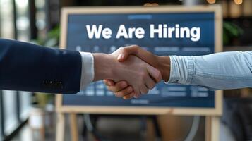 Two People Shaking Hands with We Are Hiring Sign photo