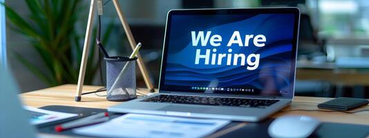 We Are Hiring Laptop Displaying Recruitment Opportunity on Office Desk photo