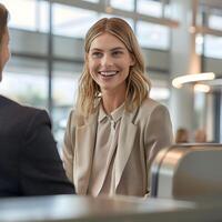 Confident Business Professional Having Friendly Discussion in Office photo