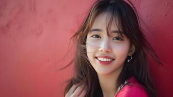 Attractive Hallyu Woman in Modern Costume Smiling on Crimson Background with Neo Pop Aesthetic photo