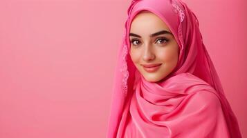 Attractive Hijab Wearing Muslim Woman Smiling on Pink Background with Neo Pop Aesthetic photo