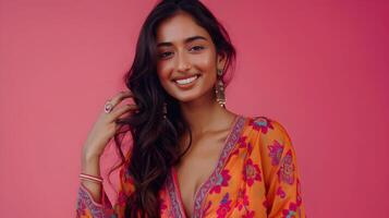 Attractive Smiling Indian Woman in Vibrant Ethnic Dress Posing on Vibrant Pink Background photo