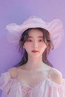 Captivating Hallyu Woman in Vibrant Lavender Setting Exuding Modern Charm photo