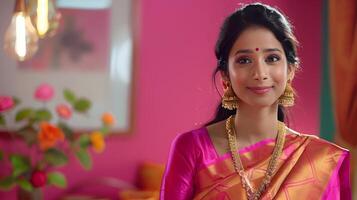 Captivating Portrait of a Charming Indian Woman Wearing a Vibrant Saree Against a Pink Background photo
