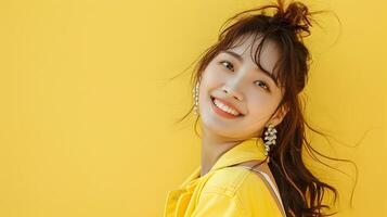 Charming Asian Model in Vibrant Yellow Backdrop with Playful Modern Attire photo